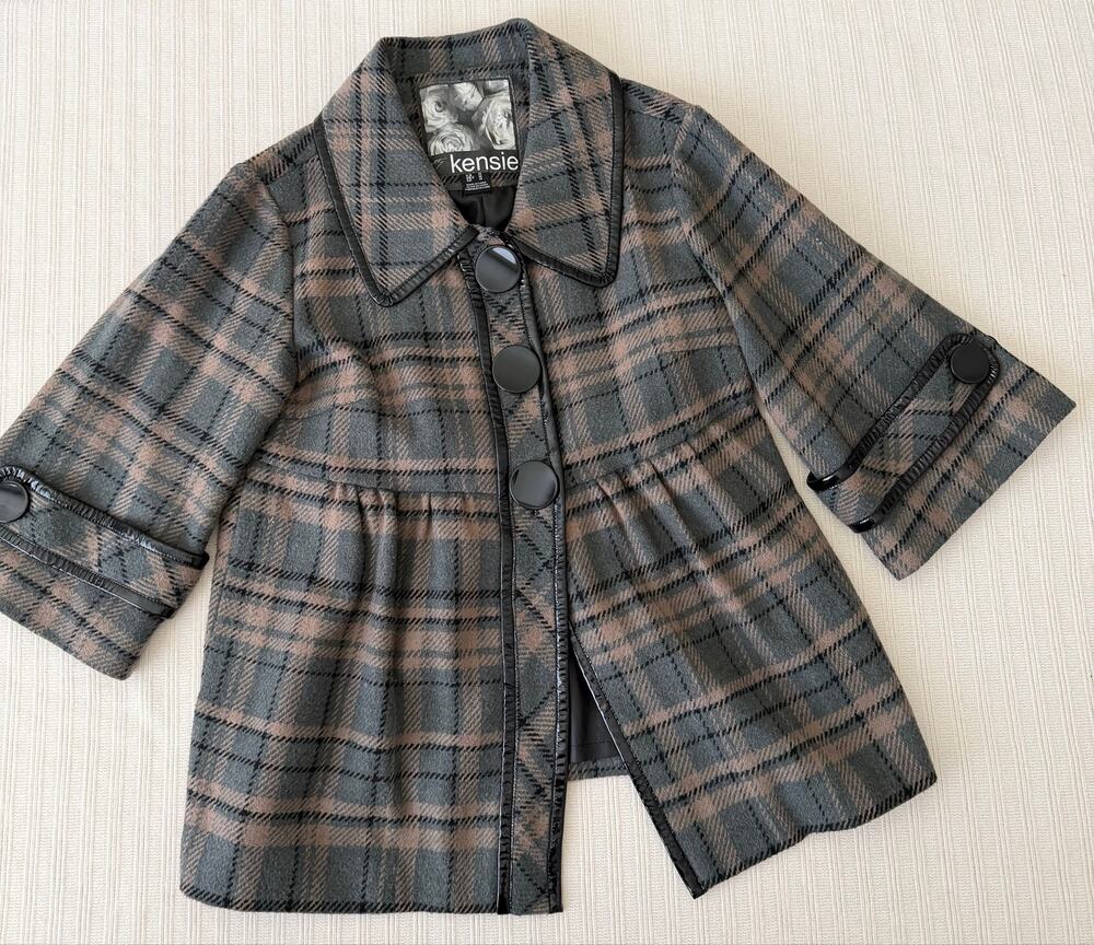 Kensie Plaid Wool Blend Babydoll Swing Coat Jacket M